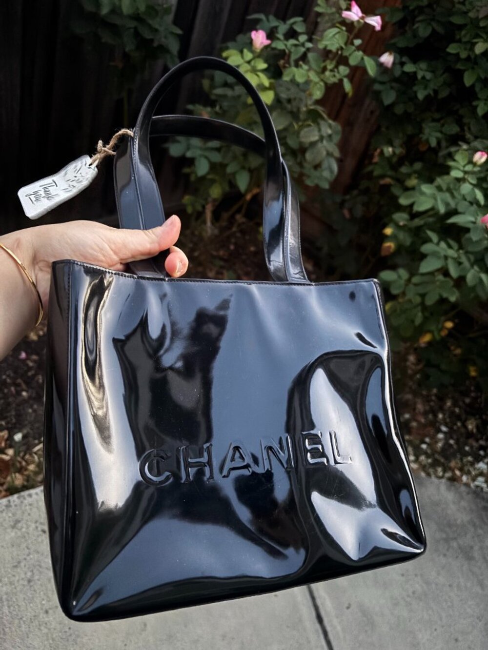 vintage Chanel Embossed Logo Patent Leather Tote authentic